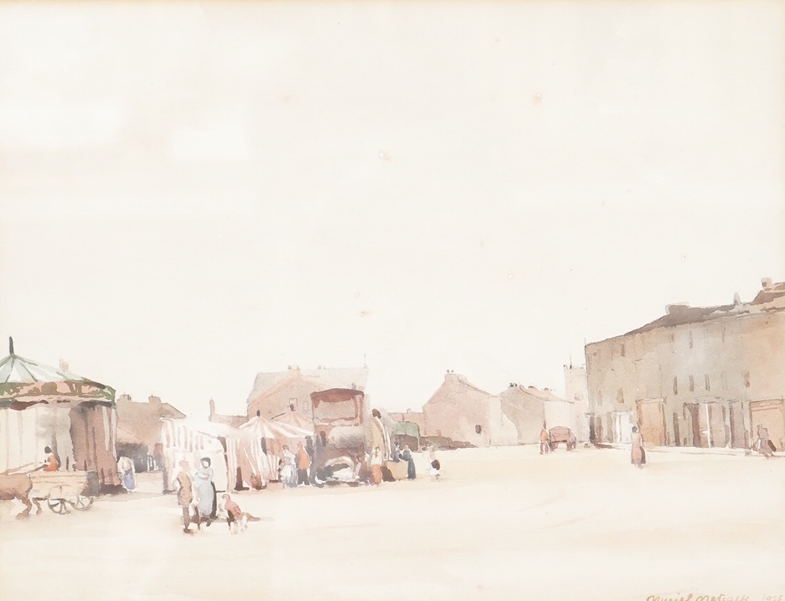 Muriel Metcalfe (Yorkshire artist, 1910-1984), Street scene with fairground and figures, signed and dated 1925, watercolour, 23 x 30cm